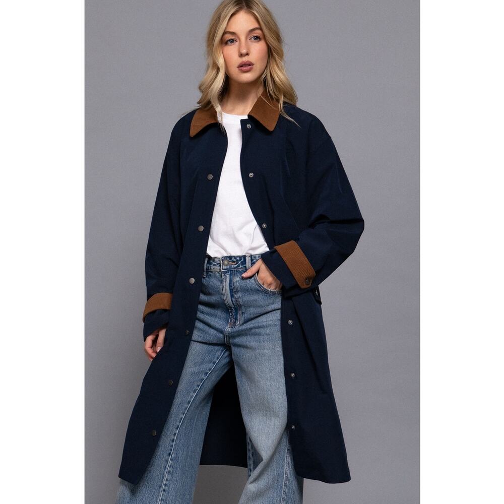 Size Large Navy Contrast Collar Button Down Long Trench Coat